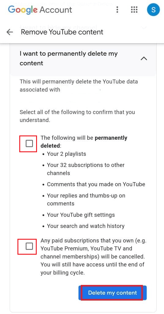 Mark both boxes to confirm that you want to delete your YouTube content - Delete my content | How to Delete YouTube Channel on Phone