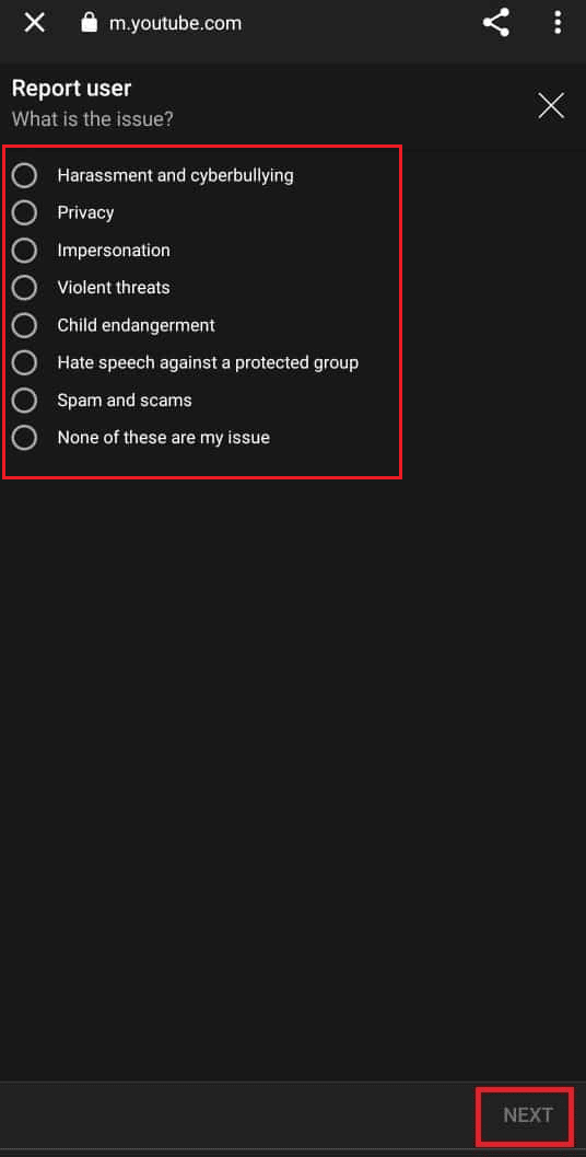 From What is the issue screen, select the desired reason and click on NEXT