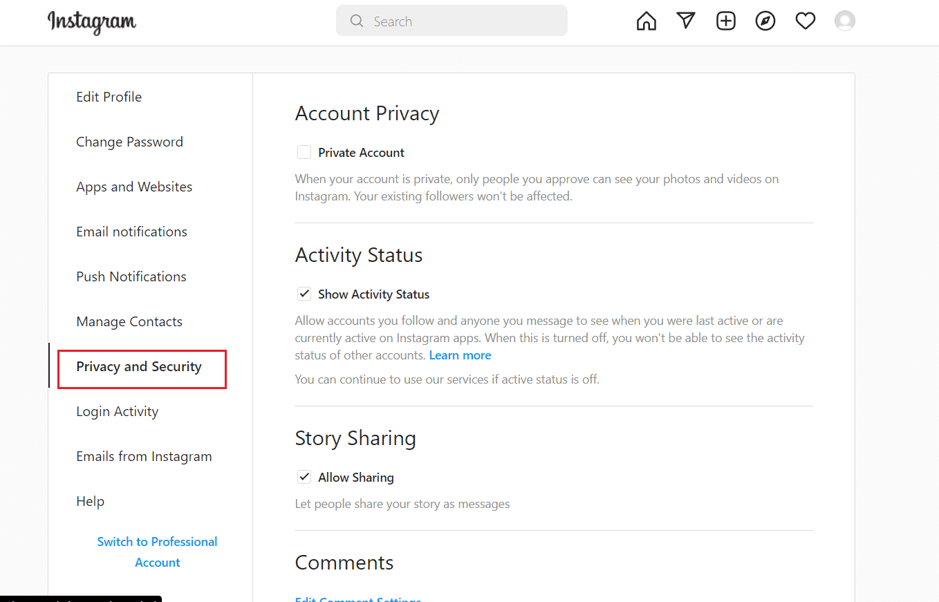 Select the Privacy and Security option | How to See Deleted Search History on Instagram