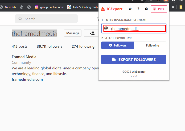Click on the IGexport extension from the taskbar and paste the copied username in the box given | how to find someone's comments on Instagram | see hidden comments on Instagram