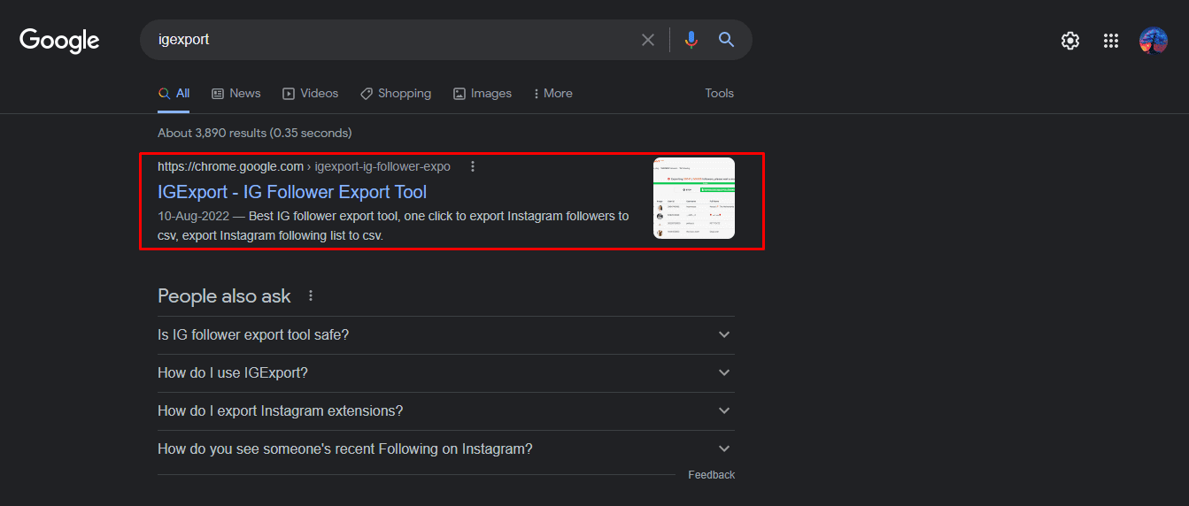 Now search for the IGEXPORT extension term on Google Search Bar and wait till the search result load | how to find someone's comments on Instagram | see someones likes and comments on Instagram