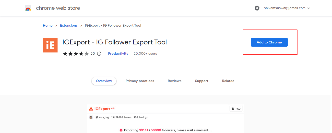 Click on the first result that directs you to Chrome Webstore and then click on the Add to Chrome option to download and install the Igexport extension to your Chrome browser | see someones likes and comments on Instagram