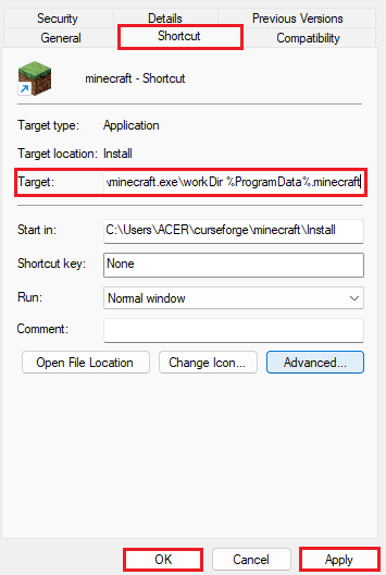 change target path in minecraft shortcut properties
