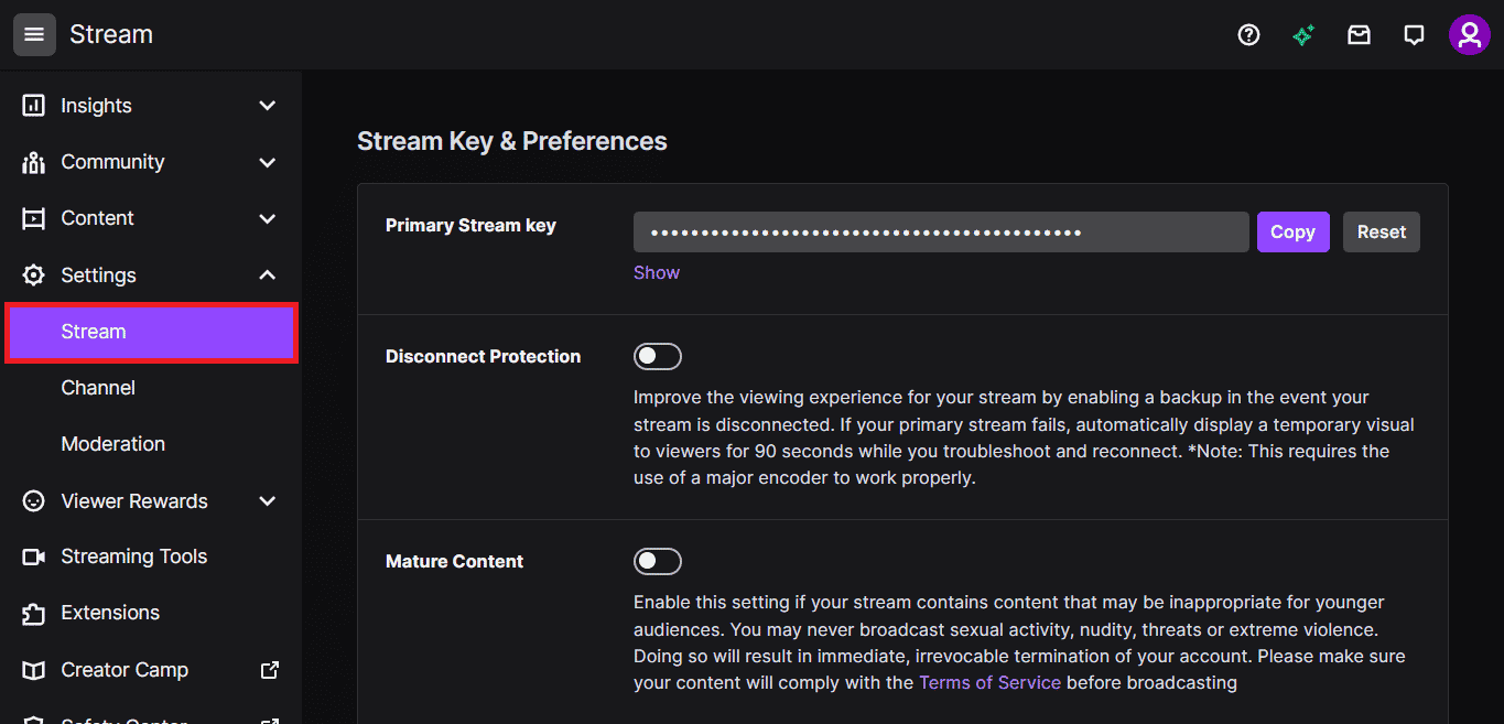 Expand the Settings tab in the left pane of the window and click on the Stream tab. Fix Twitch Resource Format Not Supported in Windows 10