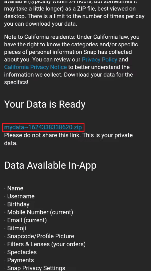 click on the mydata zip file link to download it on your device