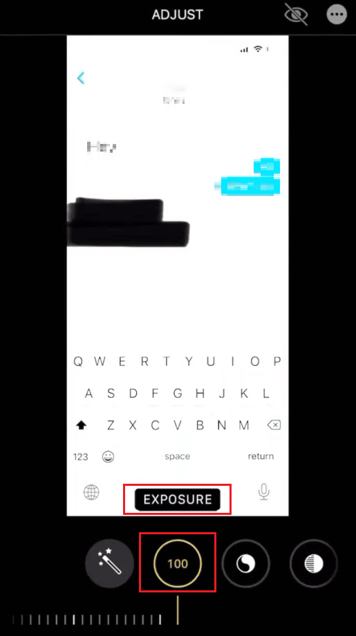 Adjust the following parameters to 100 on the given scale - Exposure 100 | How to Remove Scribbles on a Screenshot iPhone