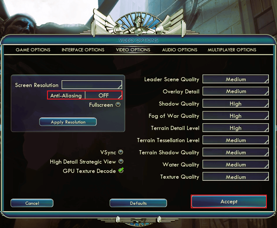 set anti aliasing to OFF in Civilization 5 game VIDEO OPTIONS
