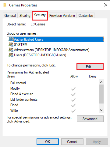 Navigate to the Security tab and click on the Edit… button in the Group or user names section