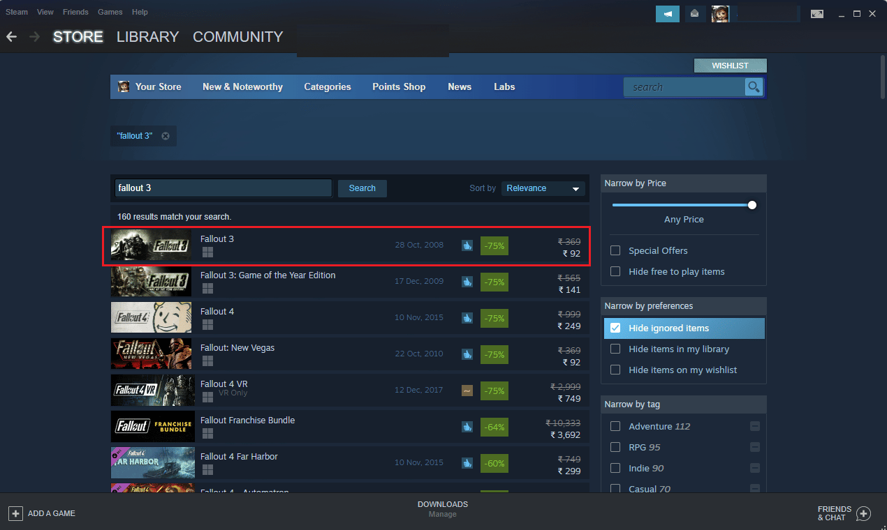 select fallout 3 game in steam store