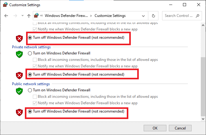 Turn off Windows Defender Firewall not recommended