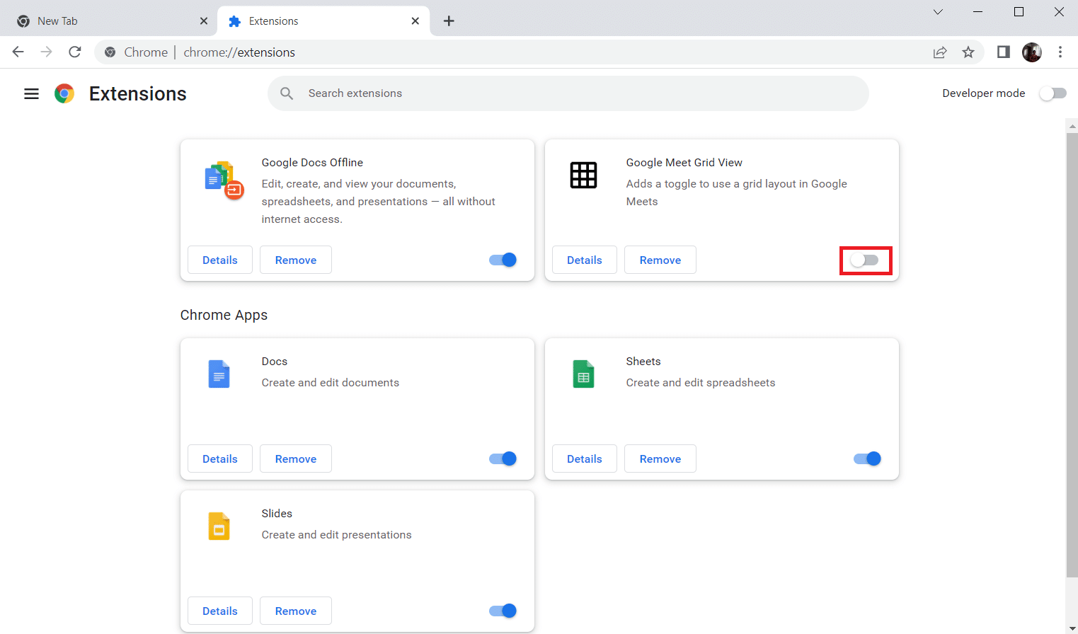 Toggle off the Google Meet Grid View extension. How to Fix Google Meet Grid View Extension