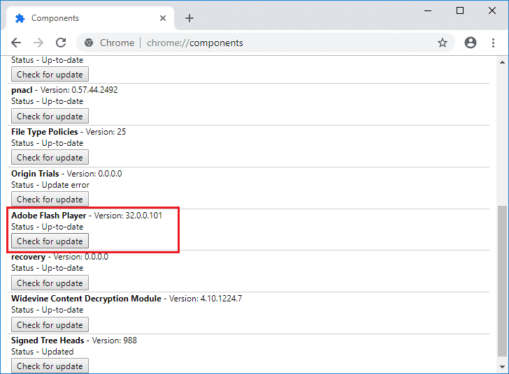 Navigate to Chrome Components page then scroll down to Adobe Flash Player