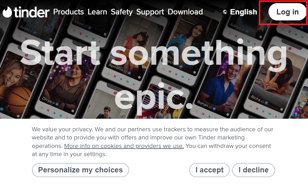 Open the official website of the Tinder platform and click on the Log in button 