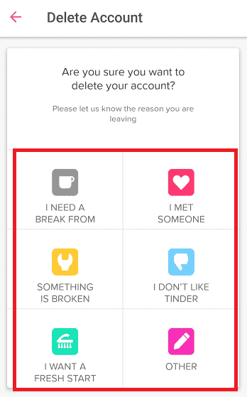 Choose a reason for the deletion of your account