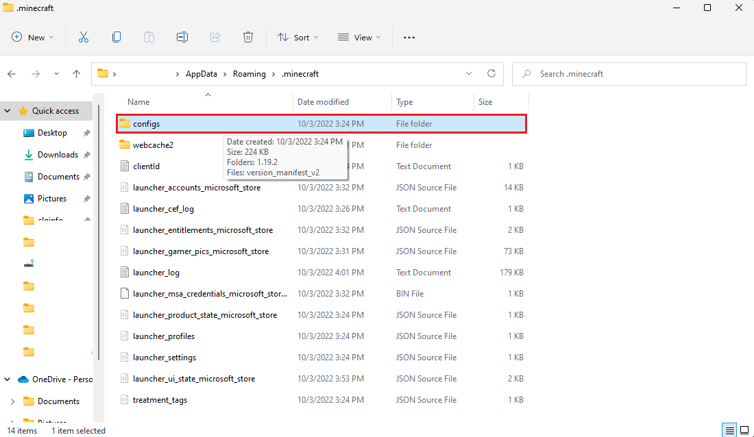 delete minecraft configs folder