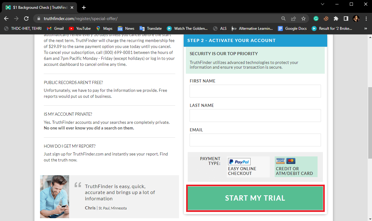 Enter your information and click on START MY TRIAL to get the TruthFinder 5 day trial