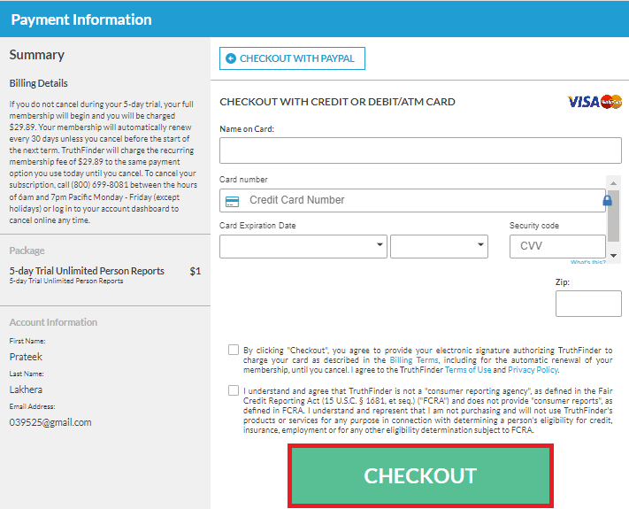 On the payment page enter your credit card information and click CHECKOUT to get the TruthFinder trial offer