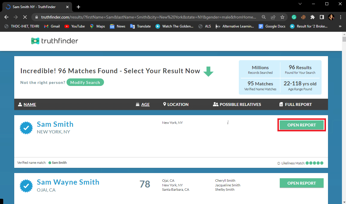 From the search results click on the OPEN REPORT for the match that you find plausible