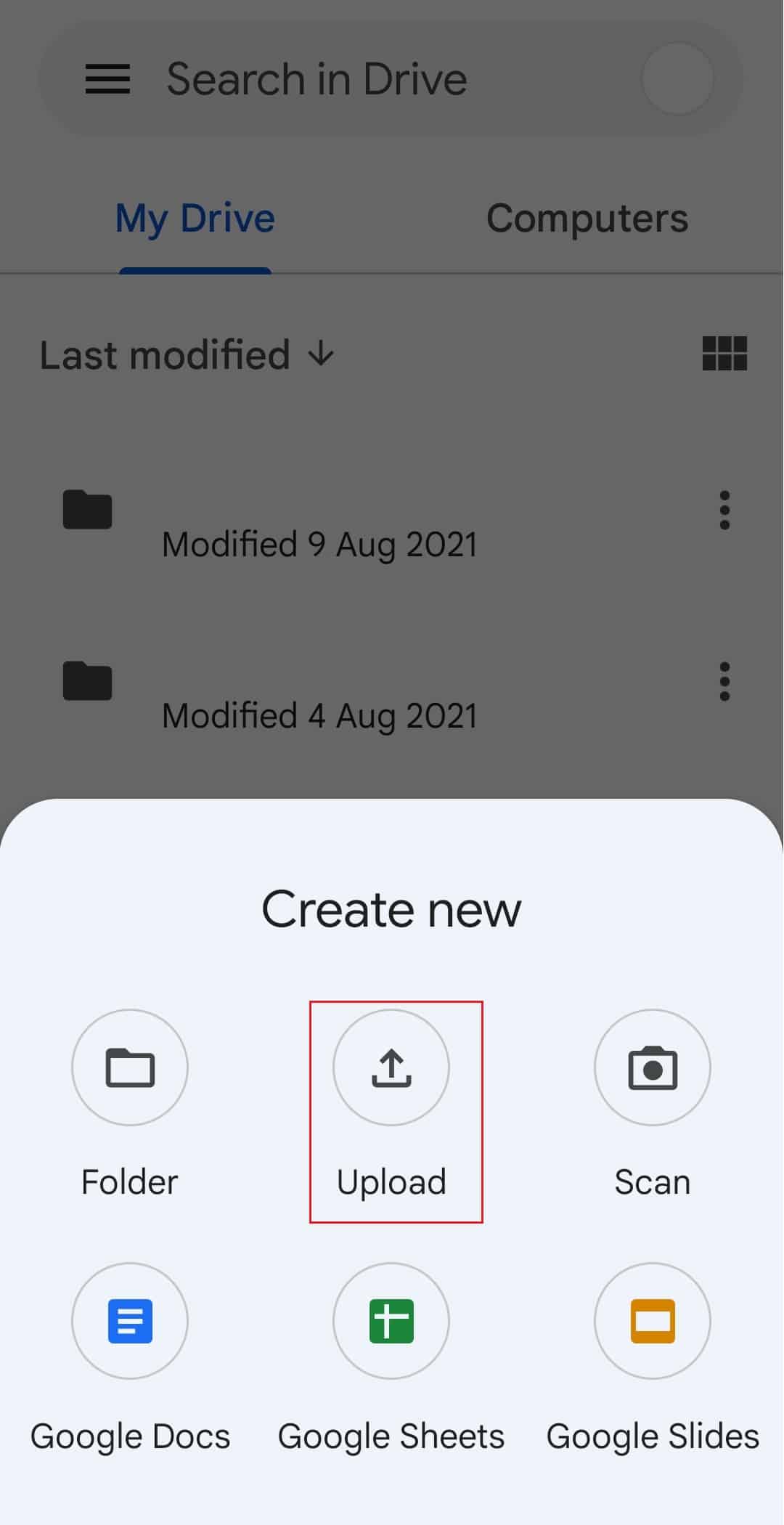 tap on Upload option in google drive app