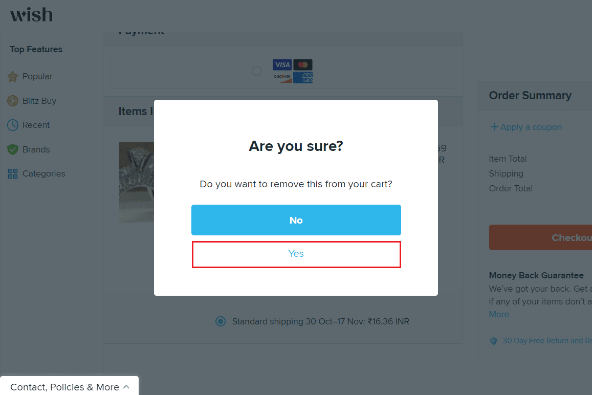 Click on Yes to remove your stuff from the Wish cart