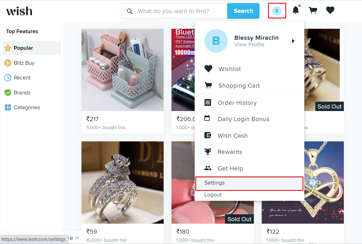 Hover over your profile image and select Settings | How to Delete Your Wish Account