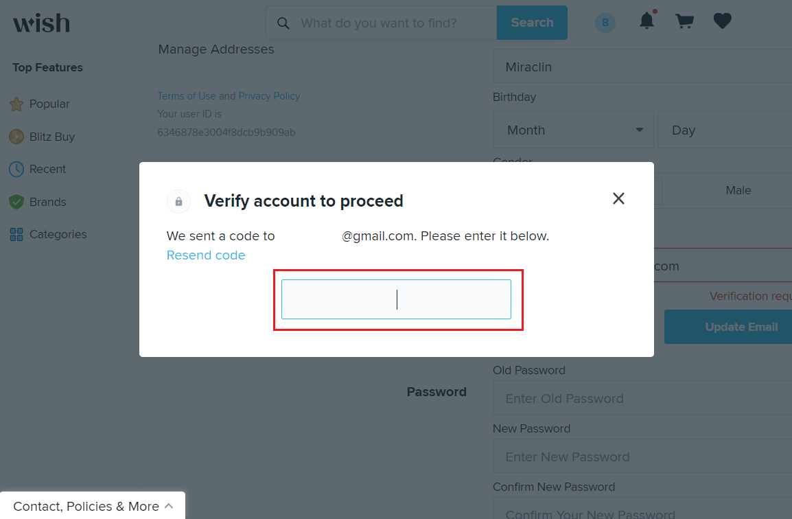 Enter the verification code sent to your email address and hit the Enter key | How to Delete Your Wish Account
