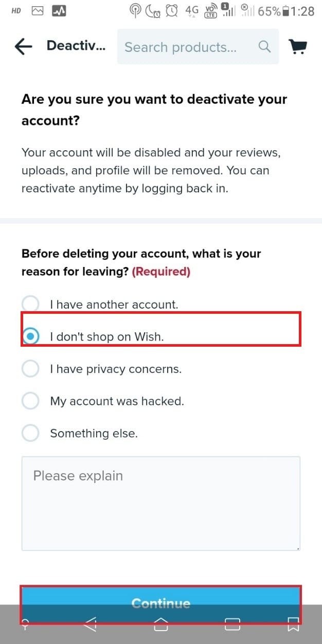 Select a reason and tap on Continue