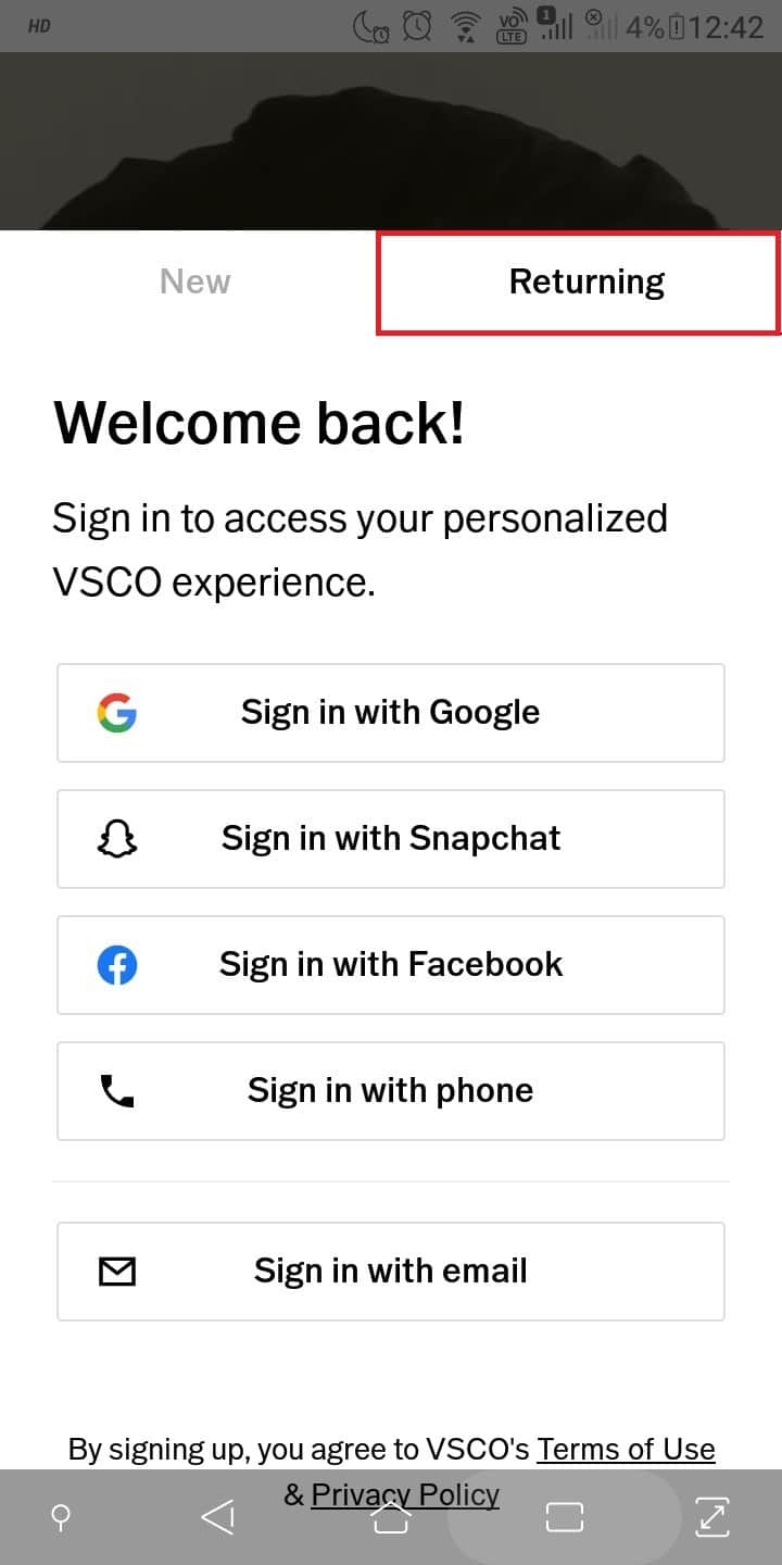 Log in through the Returning window
