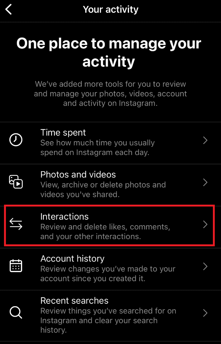 Tap on Interactions. How to See Liked Reels on Instagram