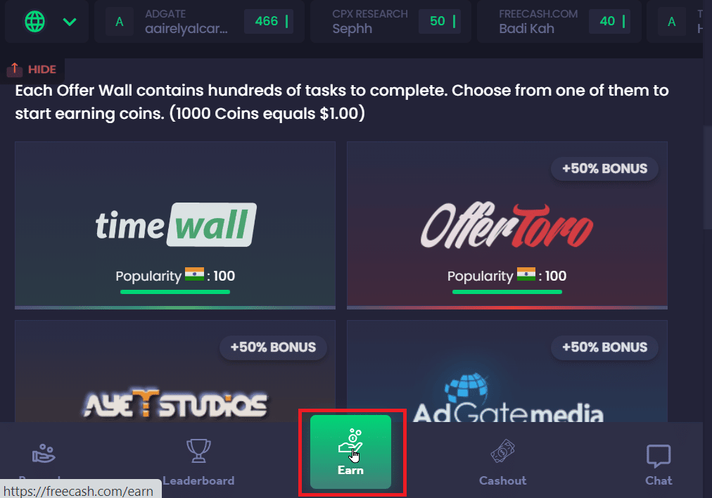Click on the Earn tab