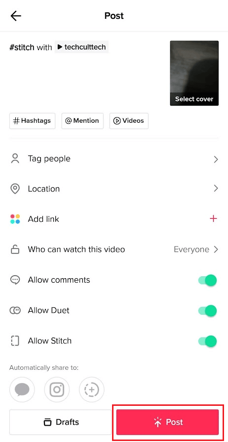 tap on Post | Upload a video from your camera roll to your TikTok draft