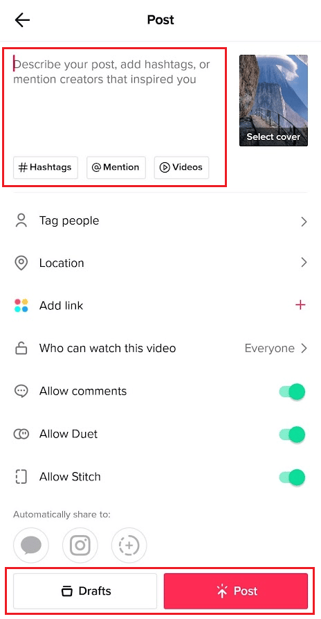 Finally, add desired captions, hashtags, etc., and tap on Post or Drafts