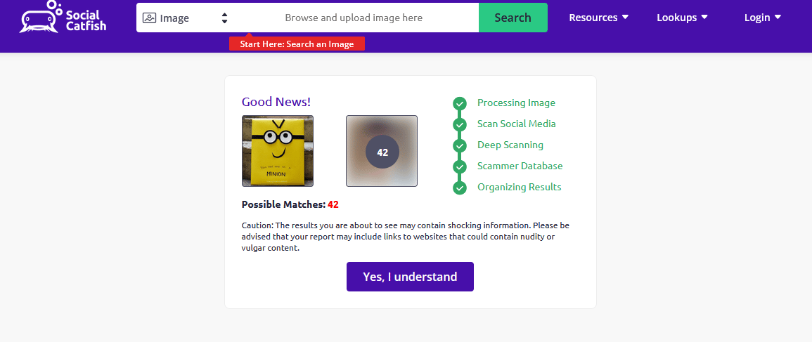 Once you upload the file, the website analyzes the image deeply