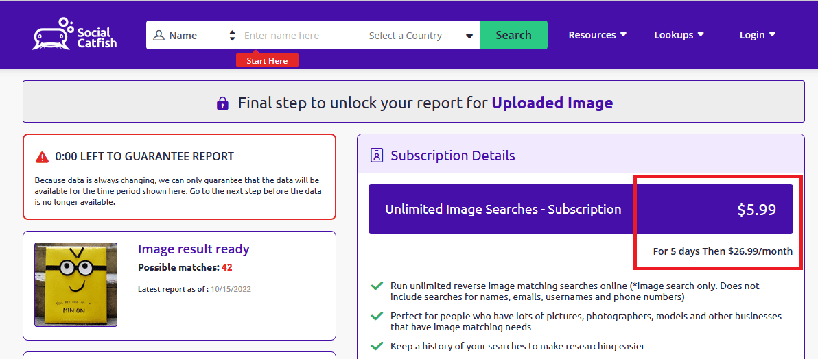 Search result and payment details