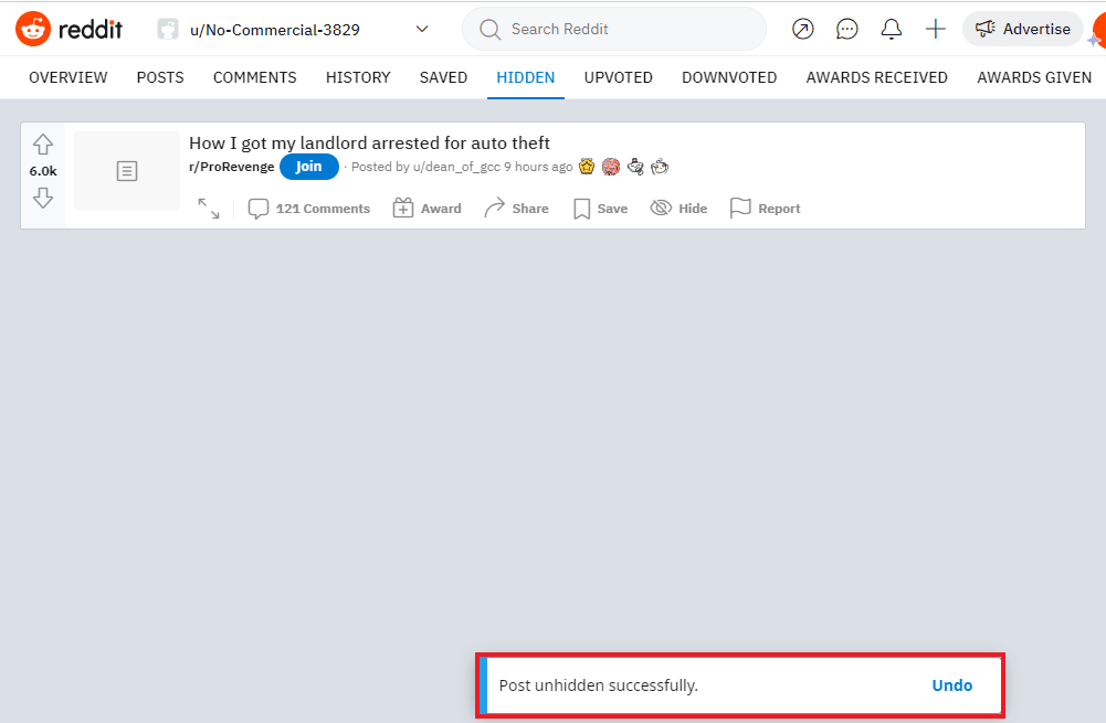 Your post will successfully be unhidden | How to Unhide Posts on Reddit on Android