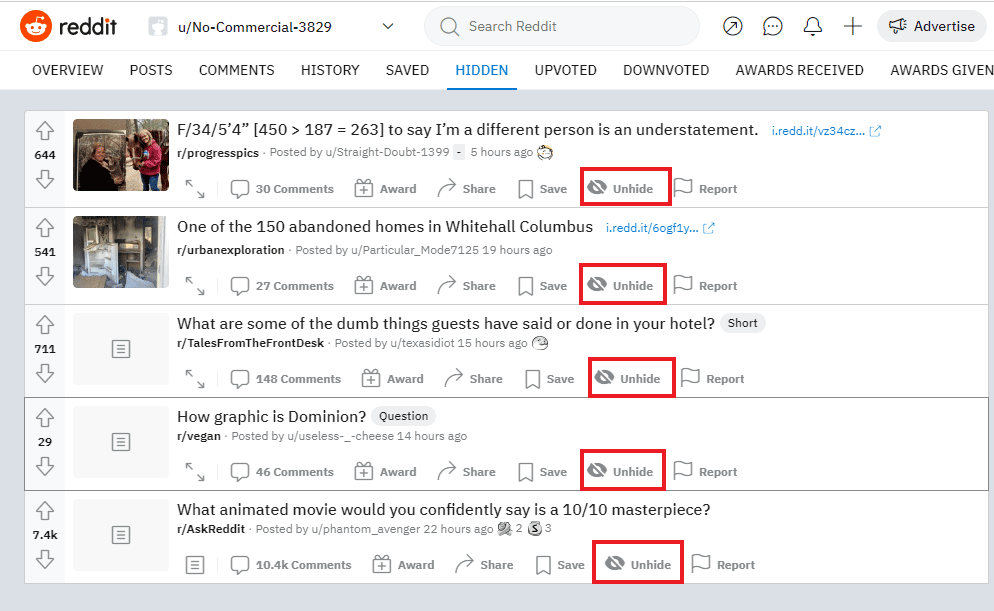 Click on Unhide | How to Unhide Posts on Reddit on Android