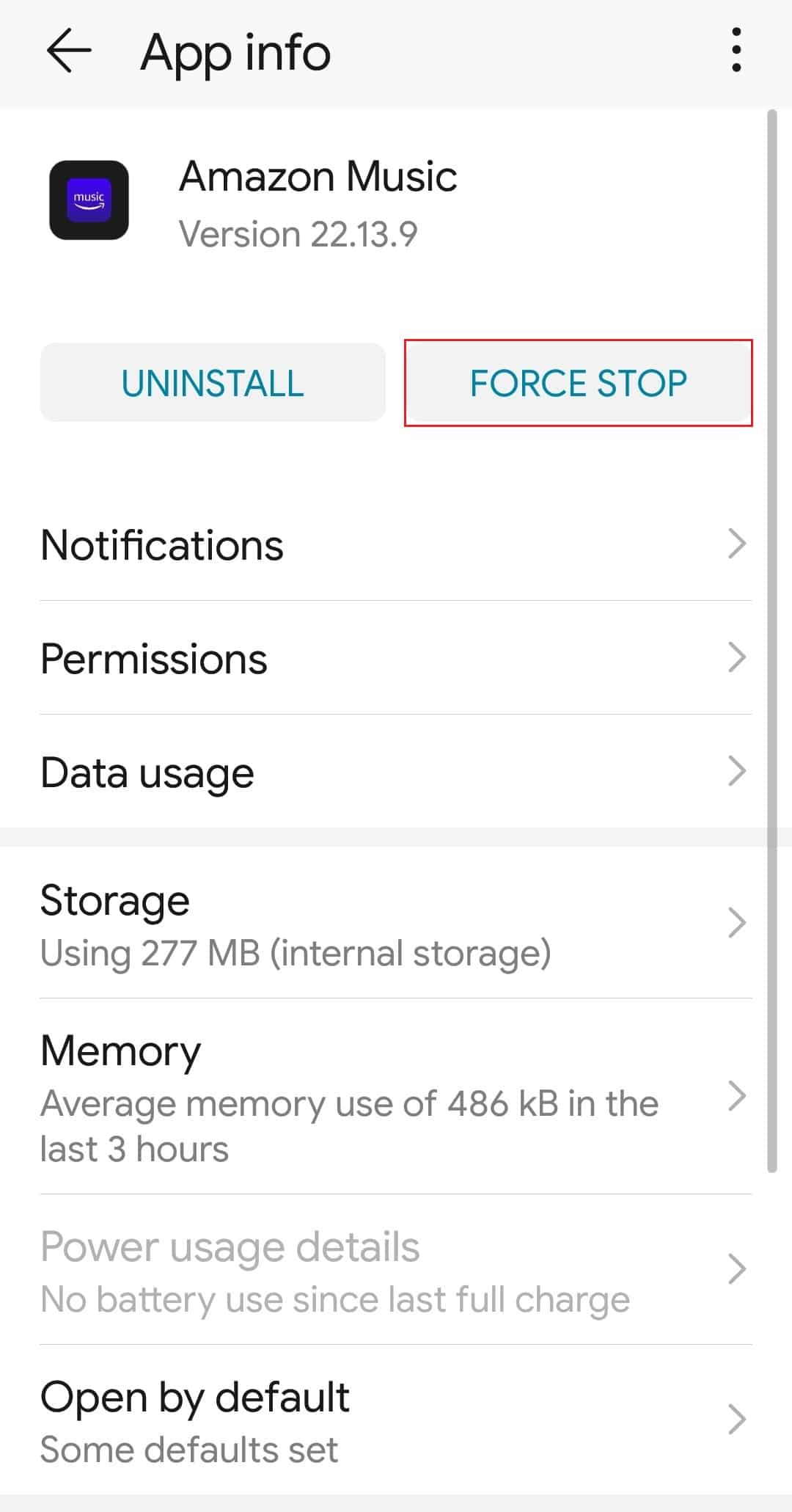 force stop Amazon Music app android