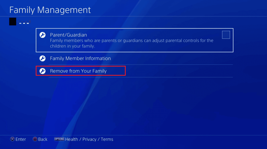 Select the Remove from Your Family option | How to Remove a Family Member on PS4 | change your child's account to a parent account on PS4