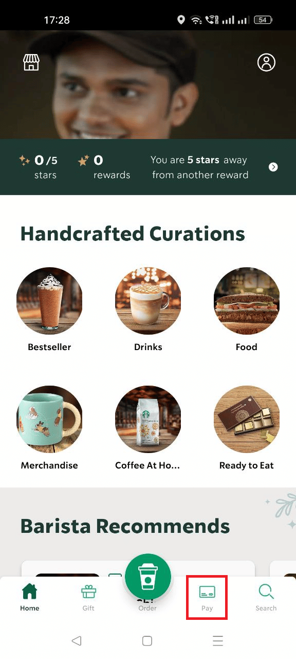 Tap on the Pay tab at the bottom to open the Starbucks Pay window | cancel a Starbucks app | order Starbucks to the wrong store