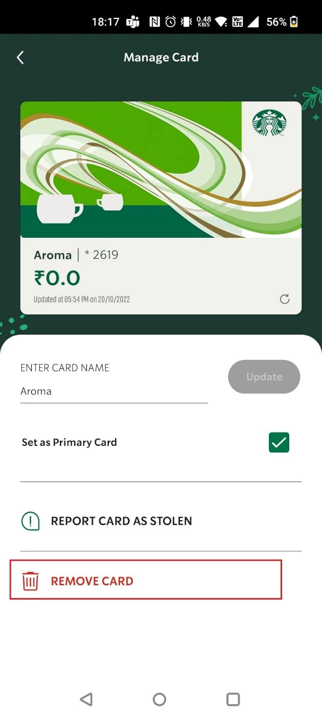 Choose REMOVE CARD to delete the card that you just selected