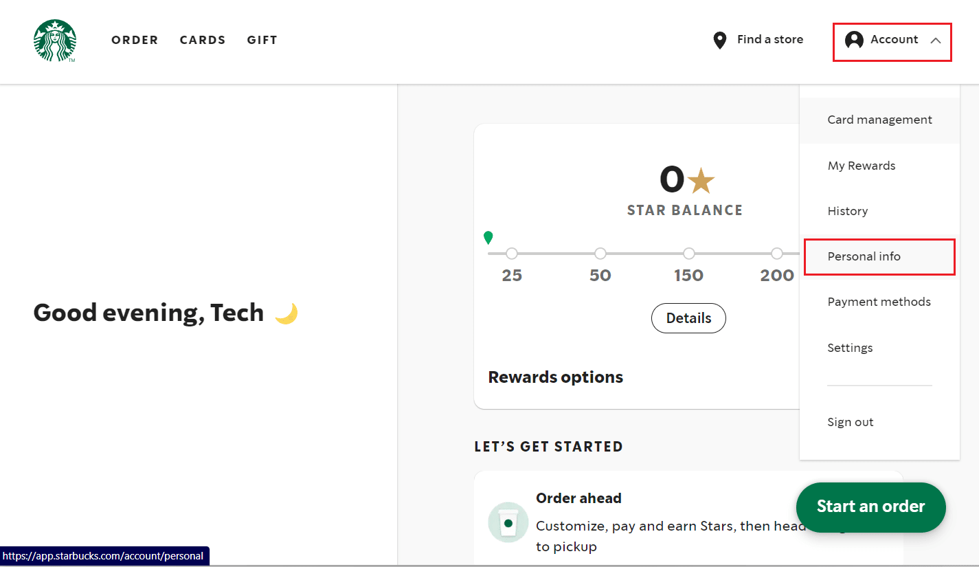 Click on Account - Personal info | How to Delete a Starbucks Account