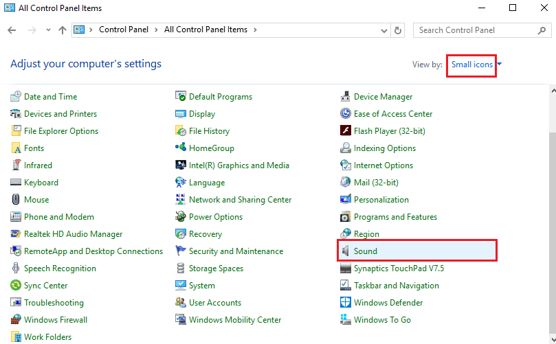 Set the View by drop-down menu to the Small icons and click on the Sound option
