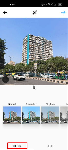 Now apply a filter, you can choose from a wide range of filters and each filter will alter the image's sharpness, contrast, lighting, and colour in various ways.