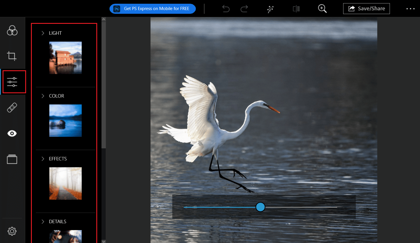 switch to the Corrections tab to edit the aspects like LIGHTS, COLOR, EFFECTS, DETAILS, etc
