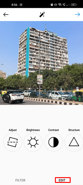Slide to the Edit tab to access Instagram's basic editing features. You can change the alignment, brightness, contrast, structure, warmth, saturation, highlights, shadows, and sharpness of your image using these Editing tools | unedit someone else's photo
