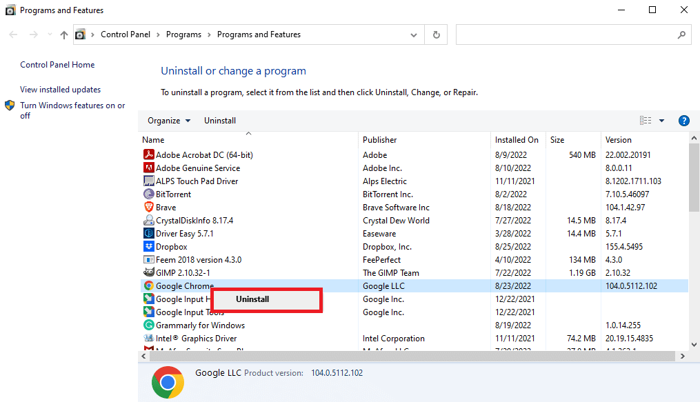 right click on Google Chrome and click on Uninstall. Fix YouTube Error 400 in Google Chrome