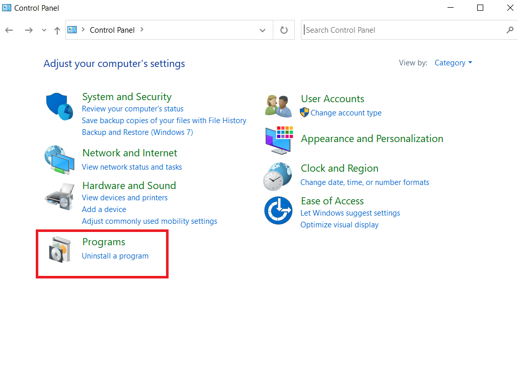Go to Programs and click on Uninstall a Program