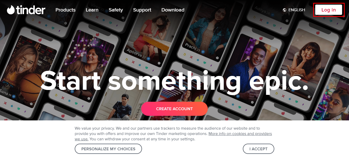 Click on the Log In option present at the top right corner of your screen | message on Tinder for free