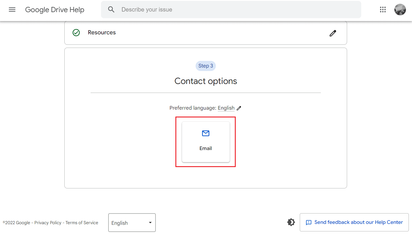 Click on Email on the next page to contact Google through email