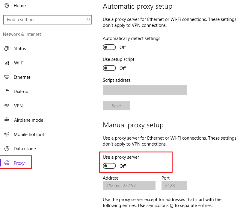 toggle off proxy server
